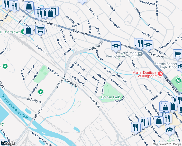 map of restaurants, bars, coffee shops, grocery stores, and more near 906 Federal Street in Kingsport