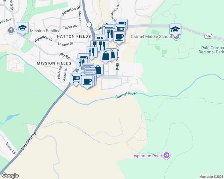 map of restaurants, bars, coffee shops, grocery stores, and more near 653 Rio Avenue in Carmel-by-the-Sea