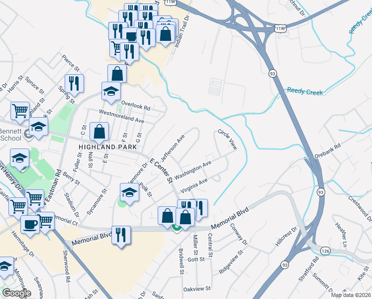 map of restaurants, bars, coffee shops, grocery stores, and more near 1661 Jefferson Avenue in Kingsport