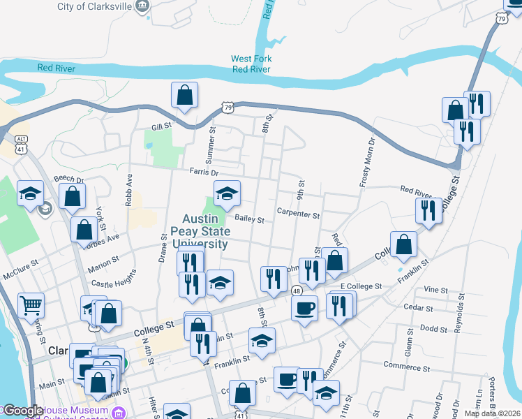 map of restaurants, bars, coffee shops, grocery stores, and more near 611 8th Street in Clarksville