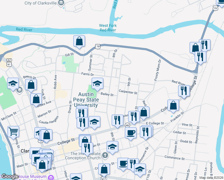 map of restaurants, bars, coffee shops, grocery stores, and more near 611 8th Street in Clarksville