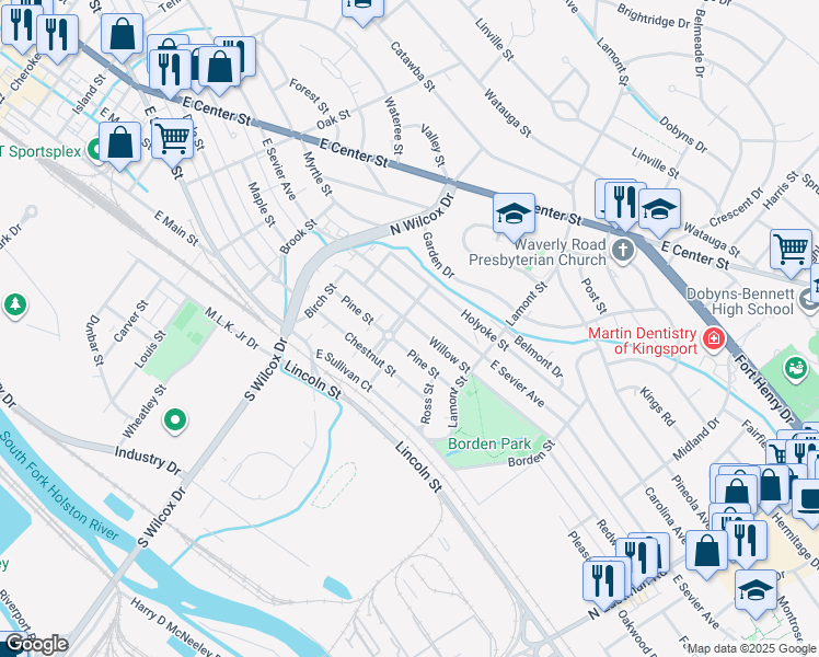 map of restaurants, bars, coffee shops, grocery stores, and more near 1305 Willow Street in Kingsport