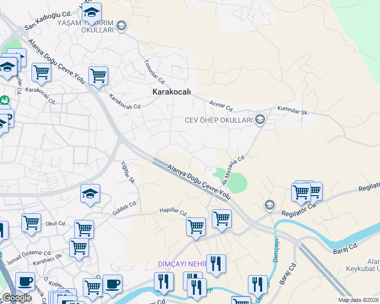 map of restaurants, bars, coffee shops, grocery stores, and more near 18 Ergün 1. Sokak in Alanya
