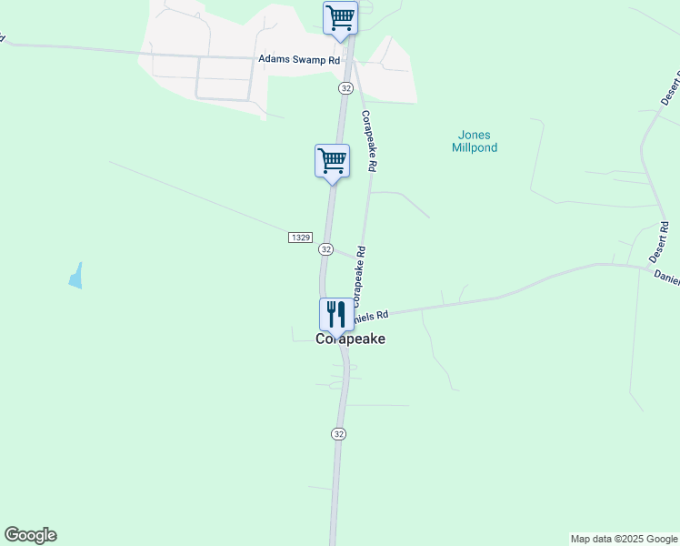map of restaurants, bars, coffee shops, grocery stores, and more near 1441 North Carolina 32 in Corapeake
