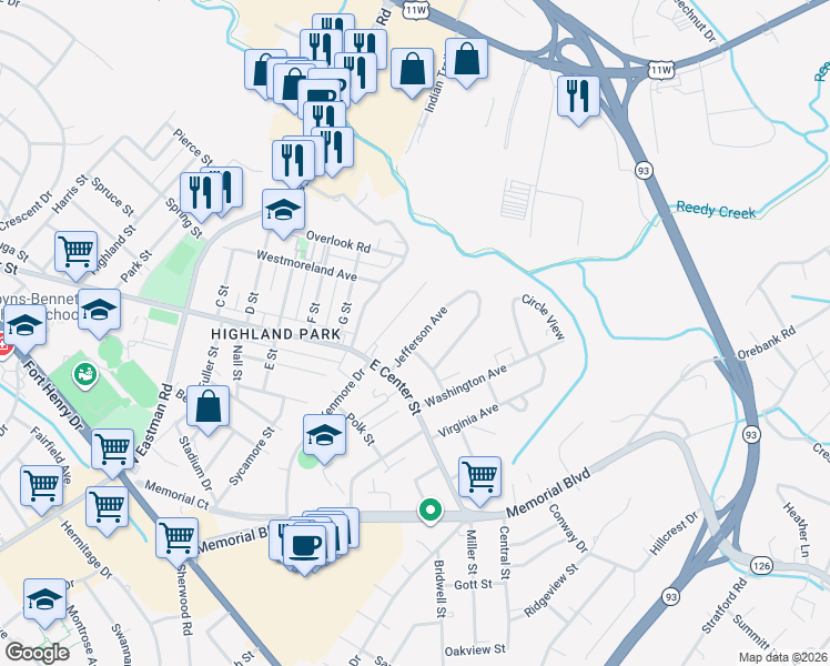 map of restaurants, bars, coffee shops, grocery stores, and more near 1640 Jefferson Avenue in Kingsport