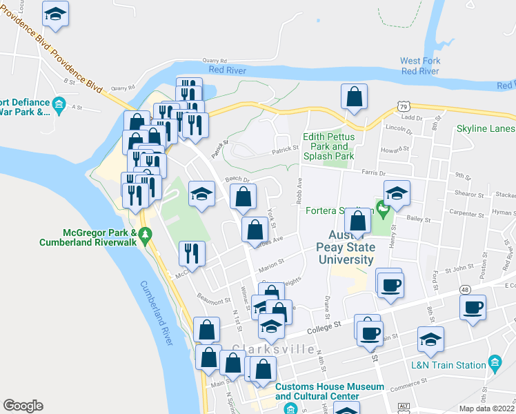 map of restaurants, bars, coffee shops, grocery stores, and more near 536 York St in Clarksville