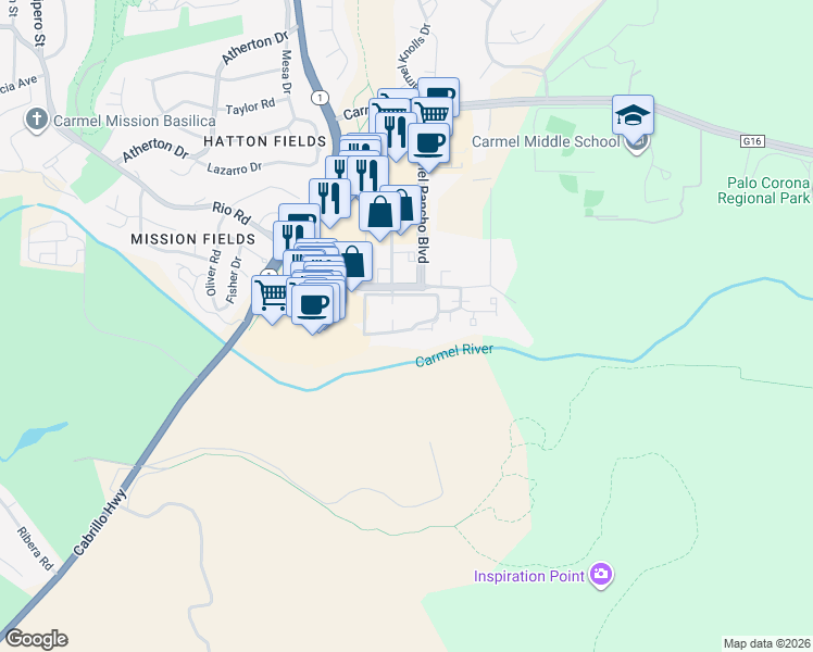 map of restaurants, bars, coffee shops, grocery stores, and more near 653 Rio Avenue in Carmel-by-the-Sea