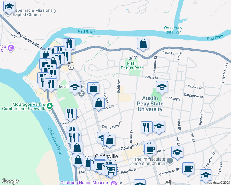 map of restaurants, bars, coffee shops, grocery stores, and more near 636 Robb Avenue in Clarksville
