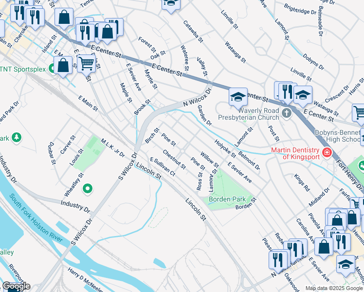 map of restaurants, bars, coffee shops, grocery stores, and more near 906 Federal Street in Kingsport