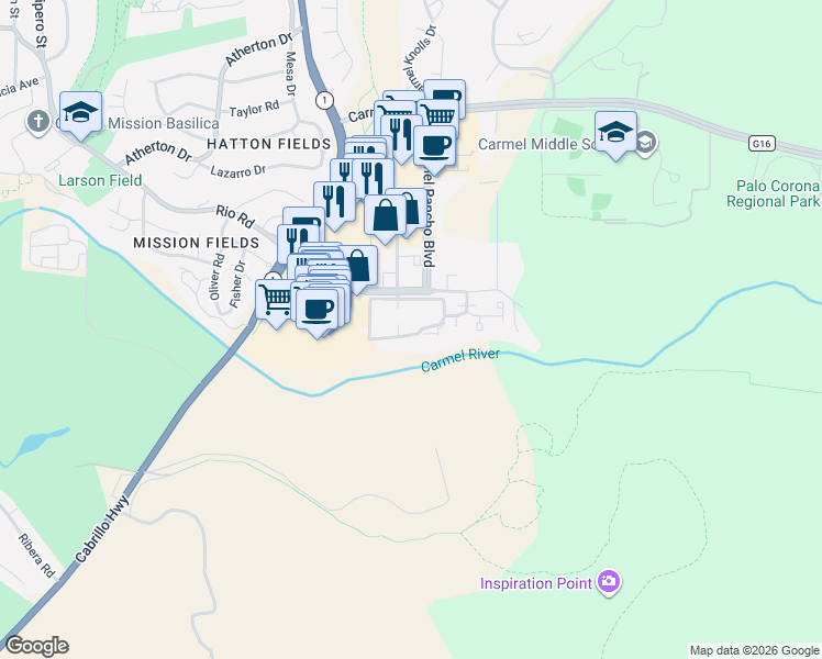 map of restaurants, bars, coffee shops, grocery stores, and more near 3850 Rio Road in Carmel-by-the-Sea