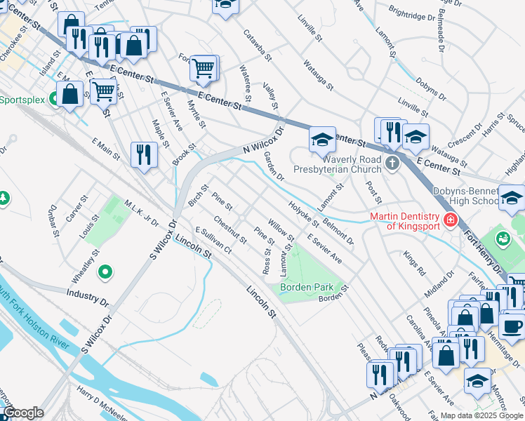 map of restaurants, bars, coffee shops, grocery stores, and more near 1310 Willow Street in Kingsport