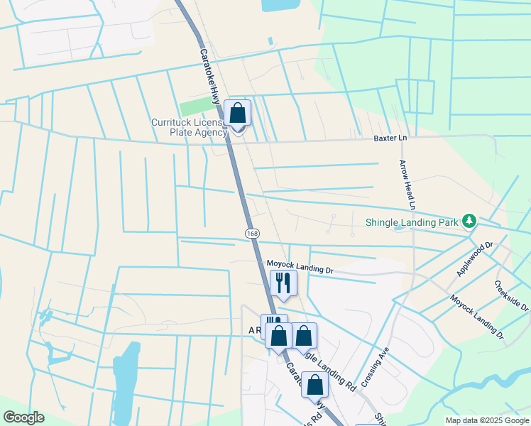 map of restaurants, bars, coffee shops, grocery stores, and more near 138 Inventors Drive in Moyock