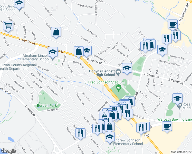 map of restaurants, bars, coffee shops, grocery stores, and more near 1569 Fort Henry Drive in Kingsport