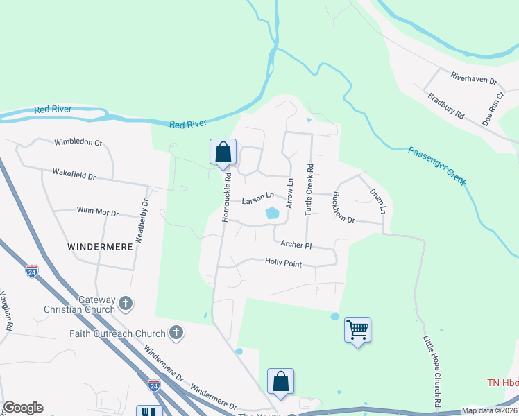 map of restaurants, bars, coffee shops, grocery stores, and more near 3112 Larson Ln in Clarksville