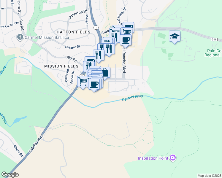 map of restaurants, bars, coffee shops, grocery stores, and more near 3850 Rio Road in Carmel-by-the-Sea