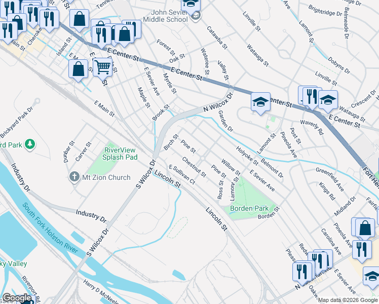 map of restaurants, bars, coffee shops, grocery stores, and more near 1222 Chestnut Street in Kingsport