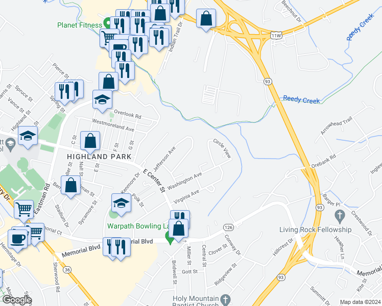 map of restaurants, bars, coffee shops, grocery stores, and more near 1733 Jefferson Avenue in Kingsport
