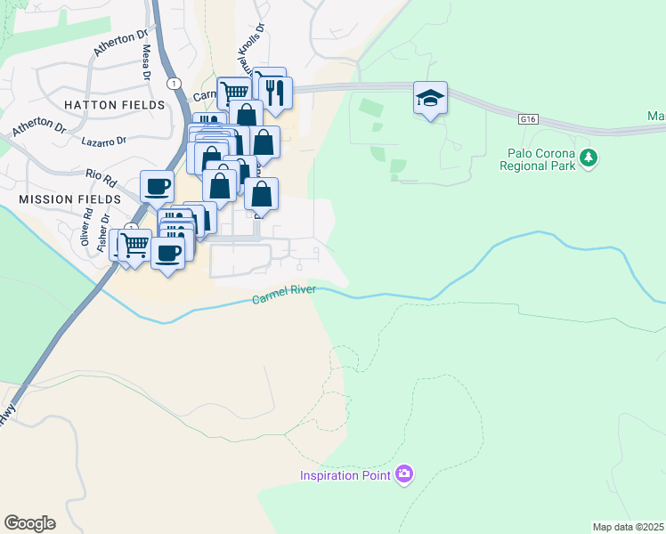 map of restaurants, bars, coffee shops, grocery stores, and more near 4068 Rio Road in Carmel-by-the-Sea