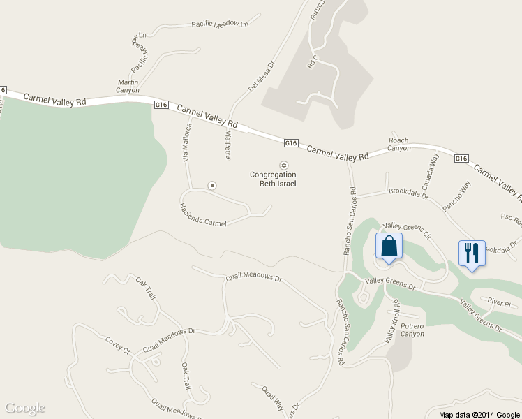 map of restaurants, bars, coffee shops, grocery stores, and more near 16 Hacienda Carmel in Carmel