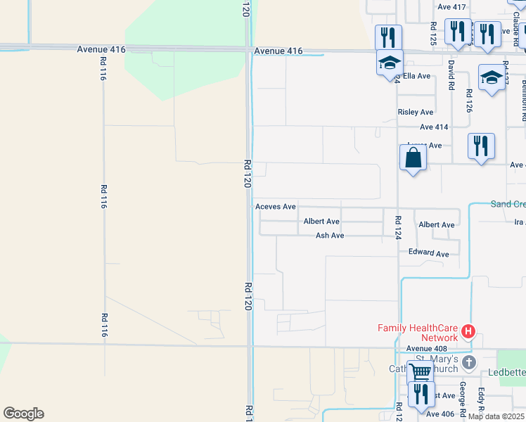 map of restaurants, bars, coffee shops, grocery stores, and more near 12039 Aceves Avenue in Orosi