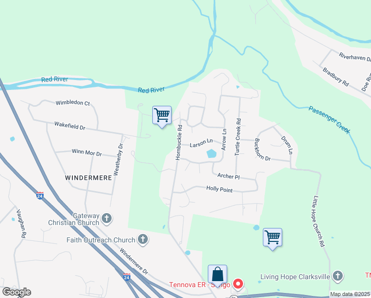 map of restaurants, bars, coffee shops, grocery stores, and more near 3102 Larson Ln in Clarksville