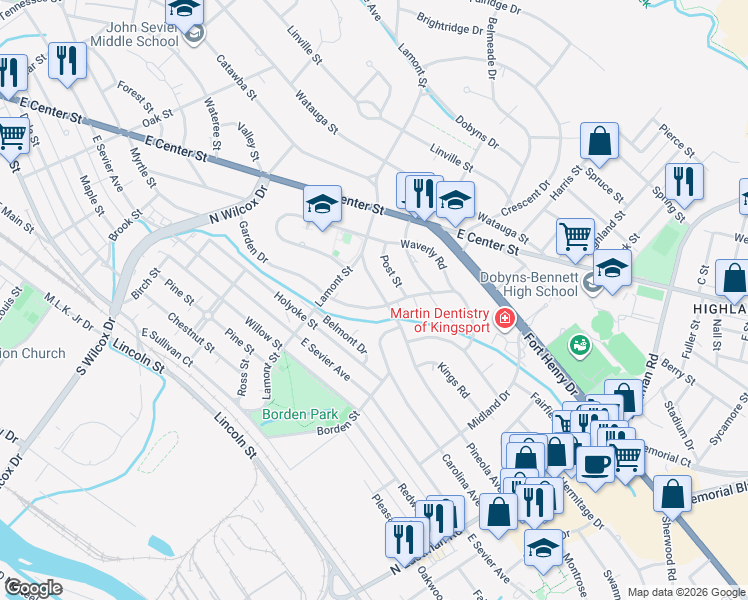 map of restaurants, bars, coffee shops, grocery stores, and more near 1353 Pineola Avenue in Kingsport
