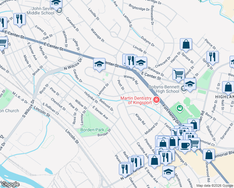 map of restaurants, bars, coffee shops, grocery stores, and more near 1353 Pineola Avenue in Kingsport