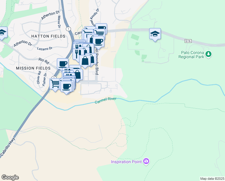 map of restaurants, bars, coffee shops, grocery stores, and more near 4068 Rio Road in Carmel-by-the-Sea