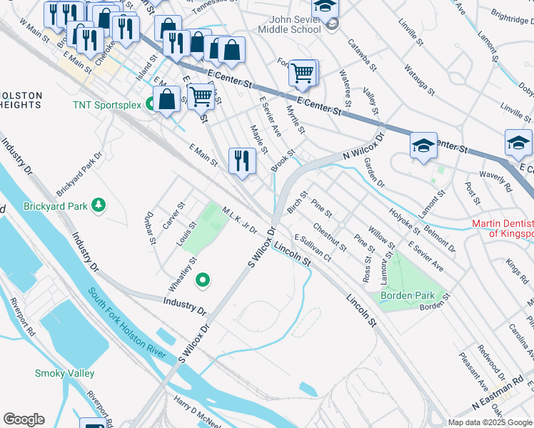 map of restaurants, bars, coffee shops, grocery stores, and more near 1080-1098 East Sullivan Street in Kingsport