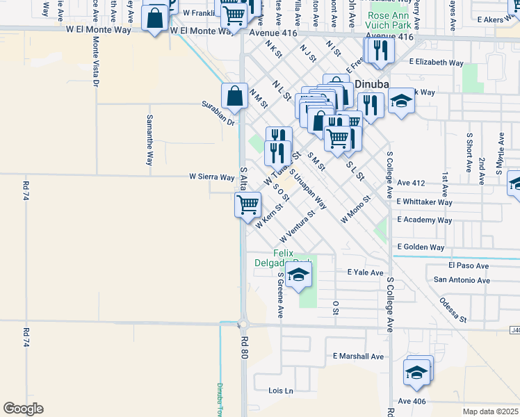map of restaurants, bars, coffee shops, grocery stores, and more near 153 South P Street in Dinuba
