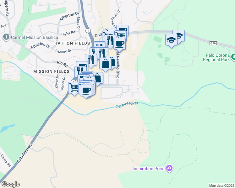 map of restaurants, bars, coffee shops, grocery stores, and more near 3850 Rio Road in Carmel