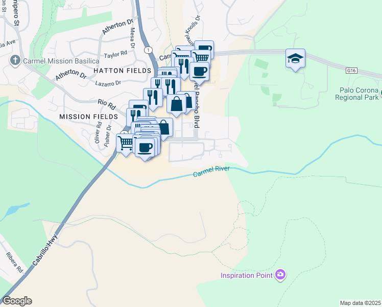 map of restaurants, bars, coffee shops, grocery stores, and more near 653 Rio Avenue in Carmel-by-the-Sea