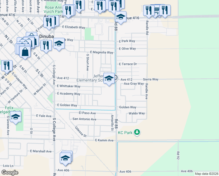 map of restaurants, bars, coffee shops, grocery stores, and more near 1660 East Sierra Way in Dinuba