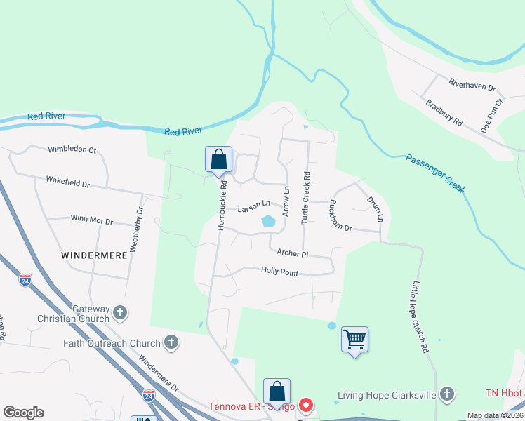 map of restaurants, bars, coffee shops, grocery stores, and more near 3112 Larson Lane in Clarksville