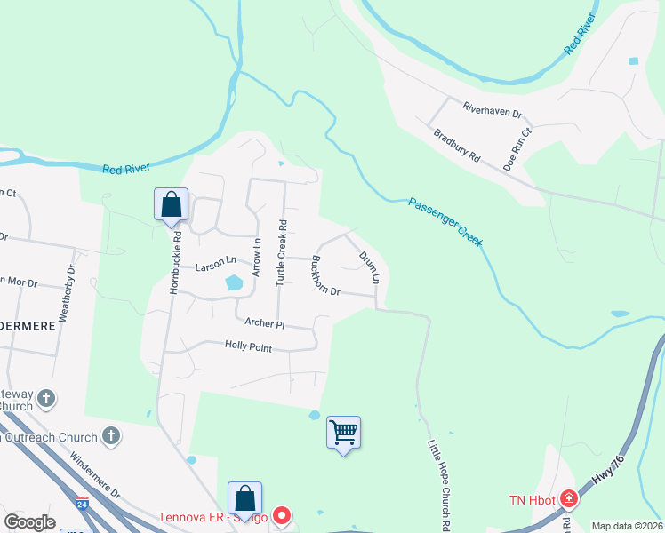 map of restaurants, bars, coffee shops, grocery stores, and more near 3178 Drum Court in Clarksville