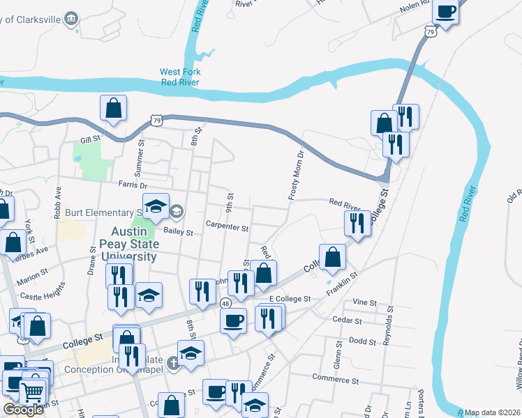 map of restaurants, bars, coffee shops, grocery stores, and more near 1115 Hyman Street in Clarksville