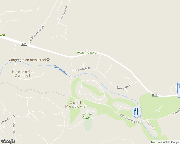 map of restaurants, bars, coffee shops, grocery stores, and more near 6150 Brookdale Drive in Carmel-by-the-Sea