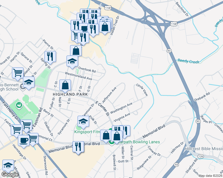 map of restaurants, bars, coffee shops, grocery stores, and more near 1661 Jefferson Avenue in Kingsport
