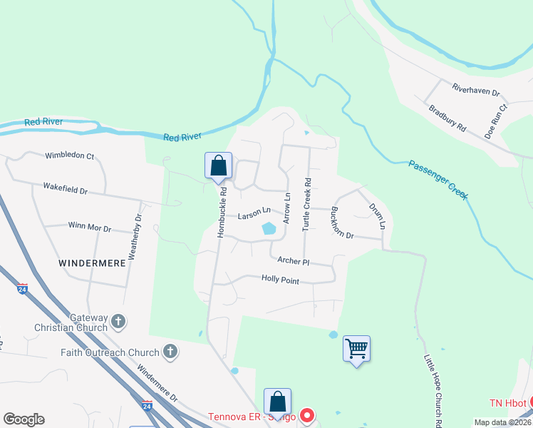 map of restaurants, bars, coffee shops, grocery stores, and more near 3112 Larson Lane in Clarksville