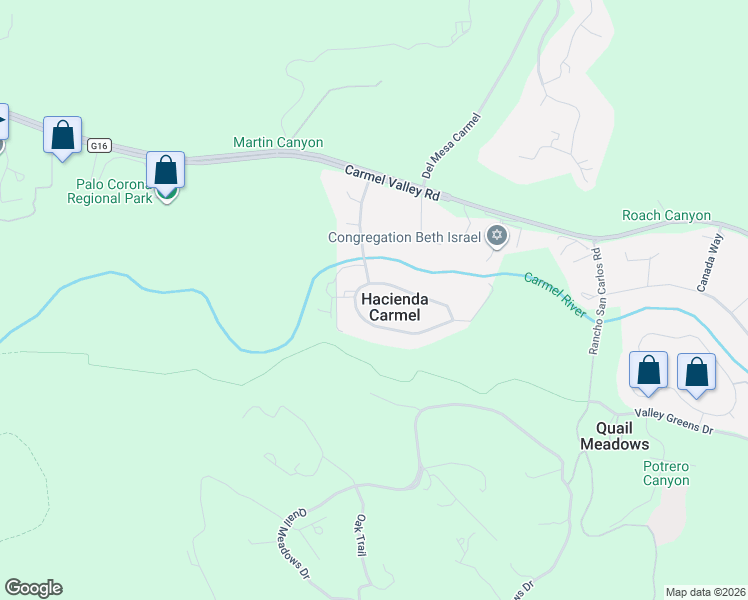 map of restaurants, bars, coffee shops, grocery stores, and more near in Hacienda Carmel