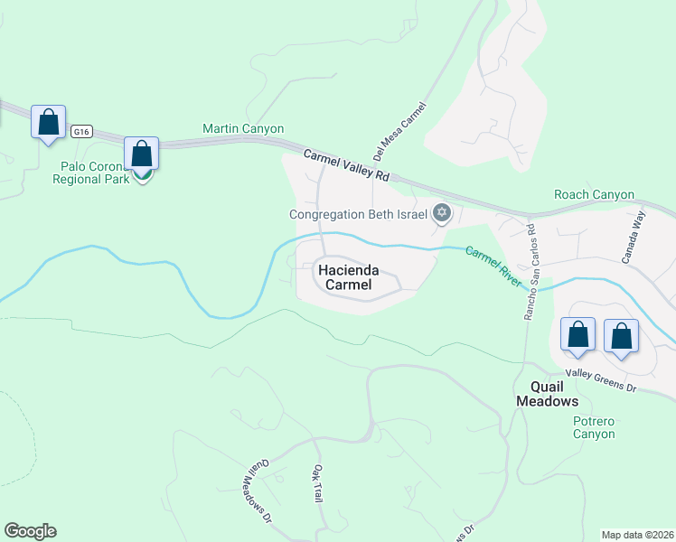 map of restaurants, bars, coffee shops, grocery stores, and more near in Hacienda Carmel