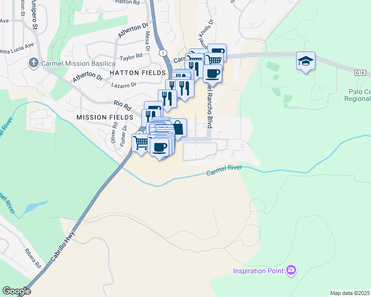 map of restaurants, bars, coffee shops, grocery stores, and more near 3850 Rio Road in Carmel-by-the-Sea