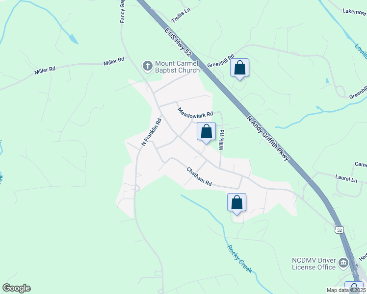 map of restaurants, bars, coffee shops, grocery stores, and more near 1725 Fancy Gap Road in Mount Airy