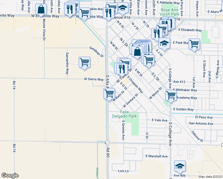 map of restaurants, bars, coffee shops, grocery stores, and more near 153 S P St in Dinuba