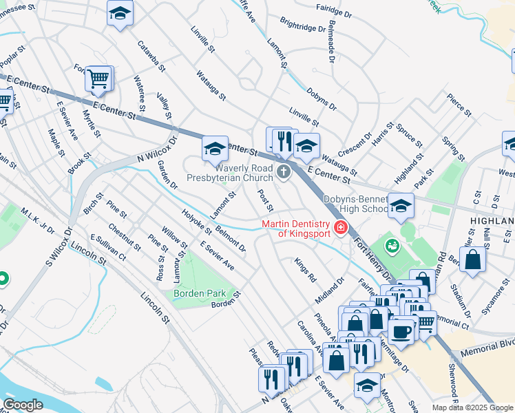 map of restaurants, bars, coffee shops, grocery stores, and more near 1336 Pineola Avenue in Kingsport