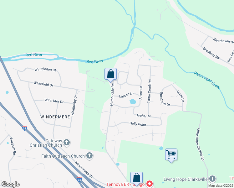 map of restaurants, bars, coffee shops, grocery stores, and more near 3102 Larson Lane in Clarksville