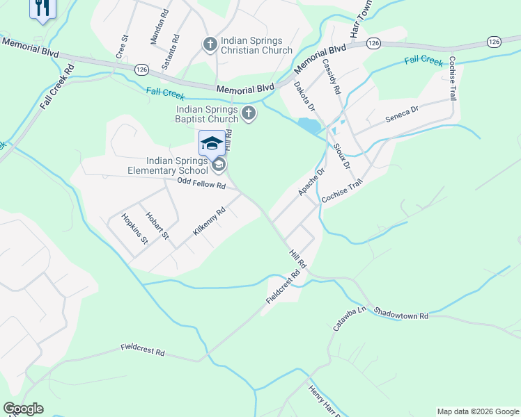 map of restaurants, bars, coffee shops, grocery stores, and more near Hill Road in Kingsport