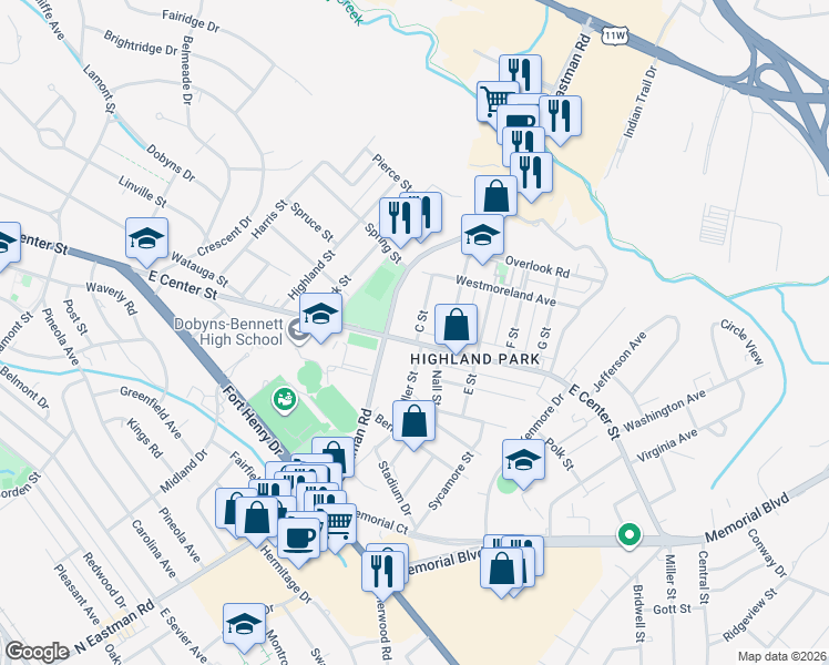 map of restaurants, bars, coffee shops, grocery stores, and more near 2019 E Center St in Kingsport