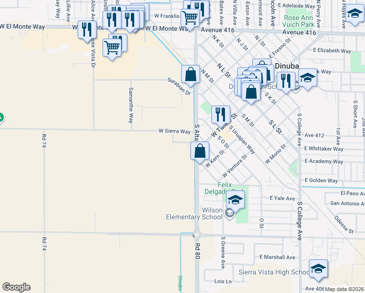 map of restaurants, bars, coffee shops, grocery stores, and more near 240 West Whittaker Way in Dinuba