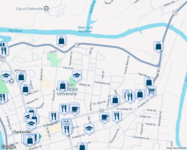map of restaurants, bars, coffee shops, grocery stores, and more near 611 8th Street in Clarksville
